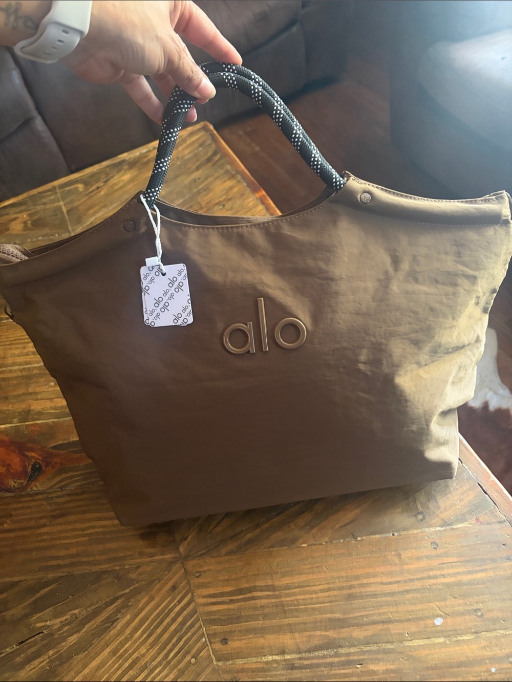 ALO Yoga Brown Tote with Black Rope Handles